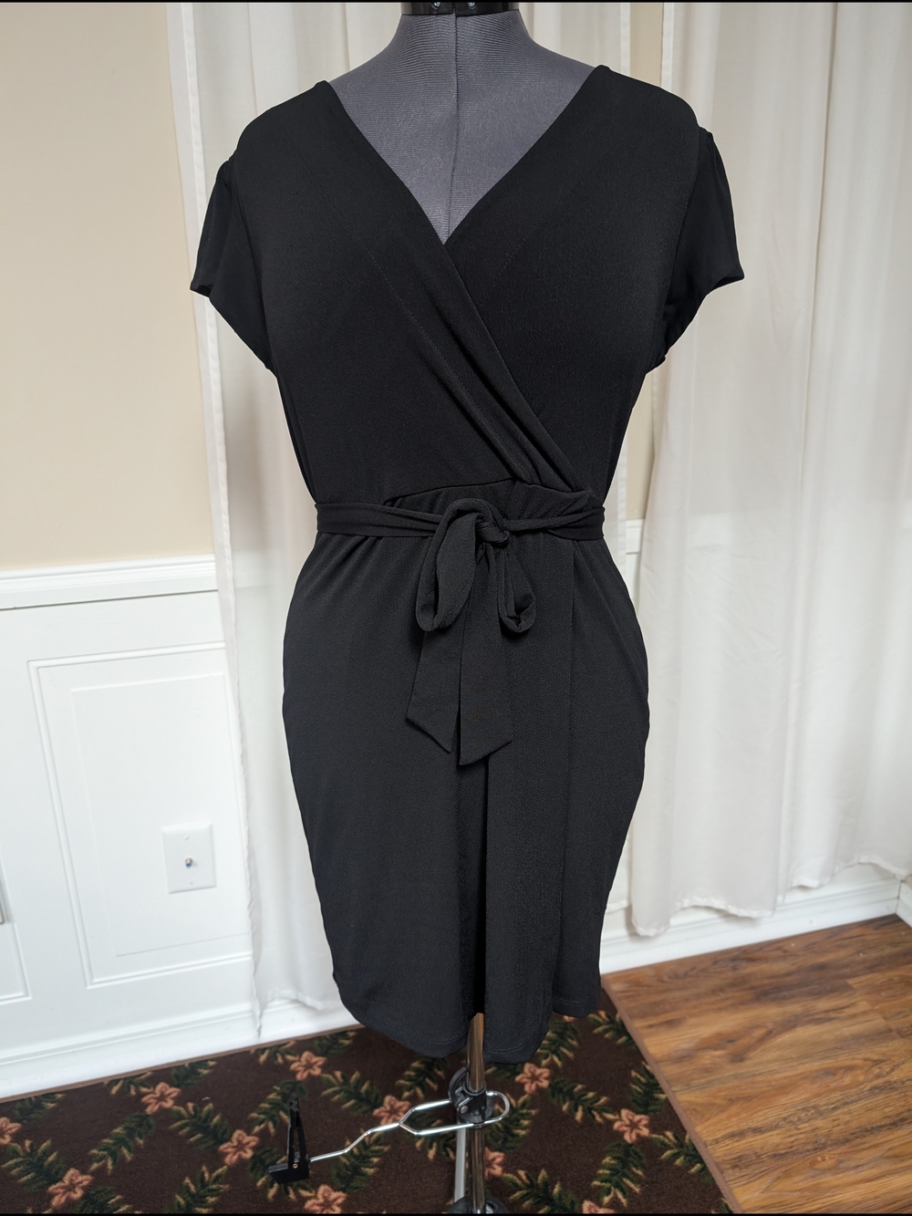 Nine West Black Wrap-Front Midi Dress with Tie Waist
